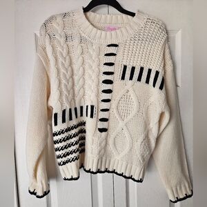 Pink Lily Cream and Black Mixed Stitch Crewneck Sweater